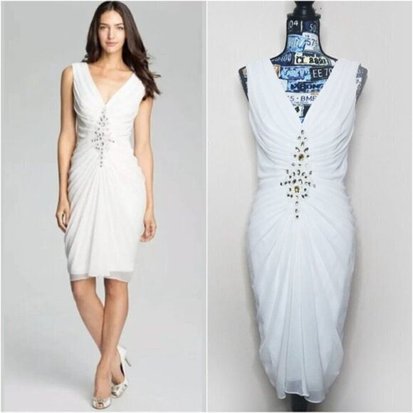 TADASHI SHOJI Embellished Chiffon Cocktail Dress V-Neck Sleeveless Knee Length - Picture 1 of 16